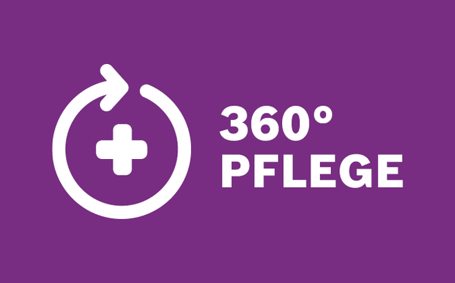 Logo weißer Text auf lila Grund: 360-Grad-Pflege